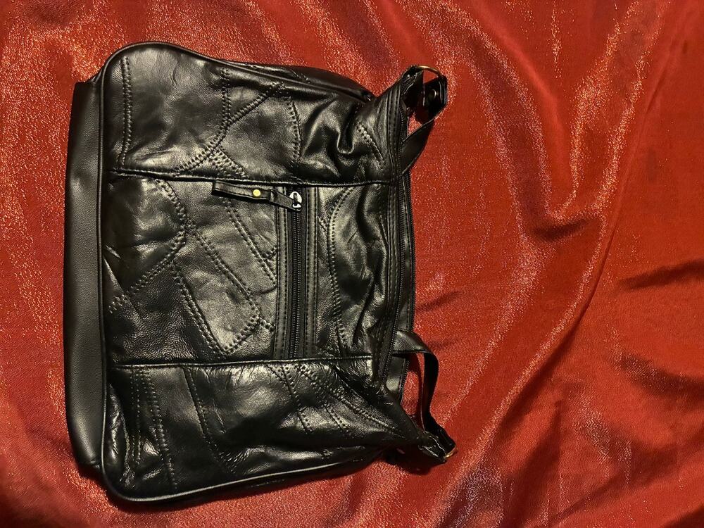 Leather Shoulder Bag Womens Black Patchwork Stitched Zip Pocket Adjustable Strap